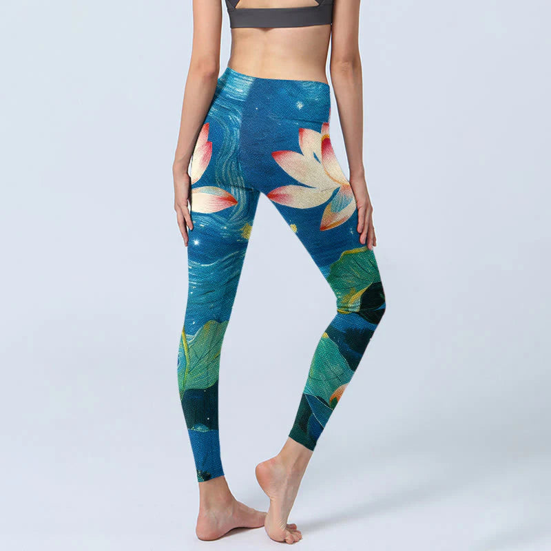 Buddha Stones Lotus Flowers Starry Sky Pattern Print Gym Leggings Women's Yoga Pants