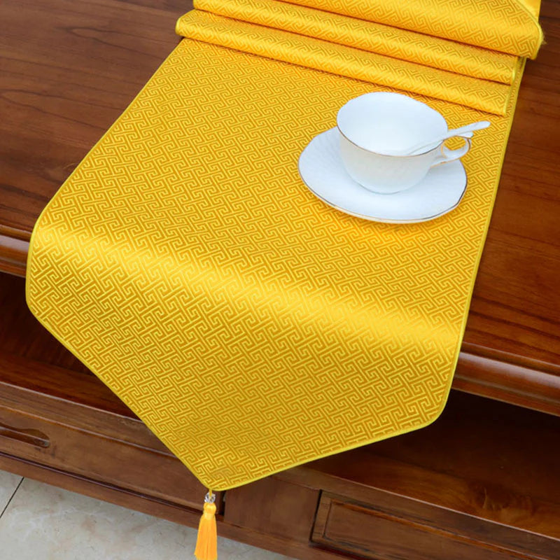 Buddha Stones Prayer Altar Flower Vajra Dragon Pattern Tibetan Auspicious Symbols Tassels Jacquard Table Runner