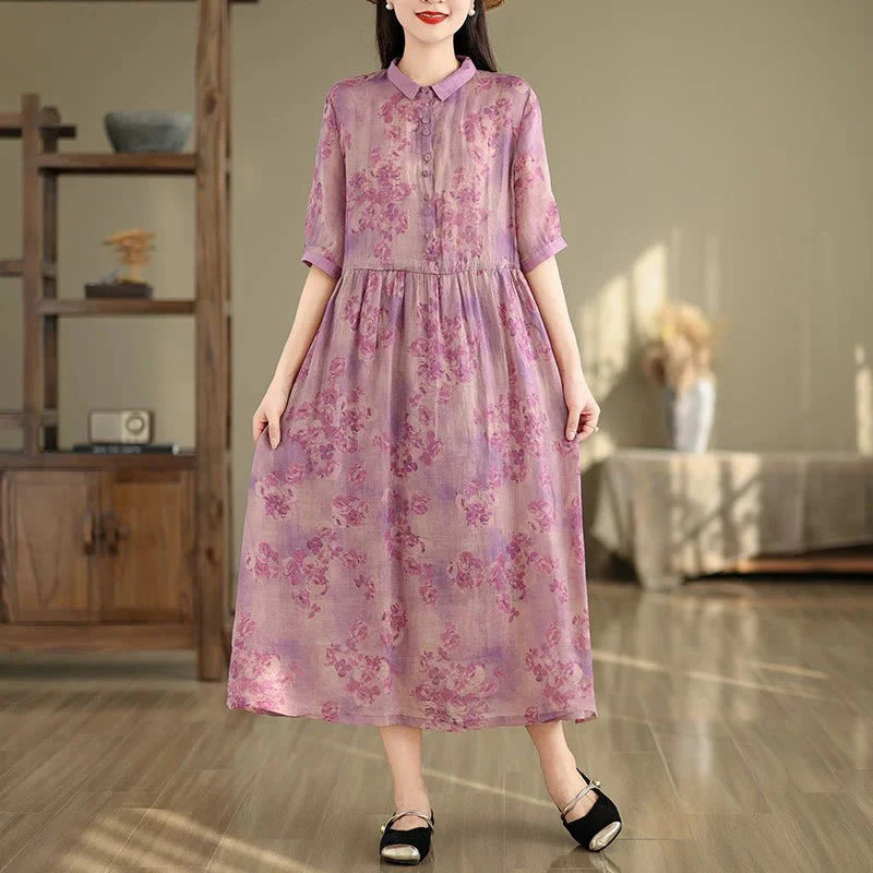 Buddha Stones Retro Printing Floral Pattern Drawstring Design Half Sleeve Cotton Midi Dress With Pockets