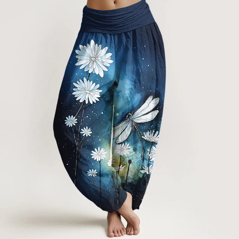 Buddha Stones Cotton Dreamy Daisy Dragonfly Pattern Women's Elastic Waist Harem Pants