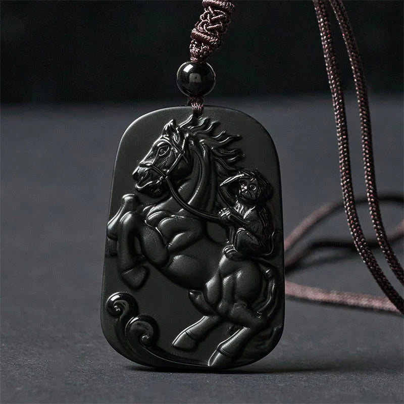 Buddha Stones Year of the Horse Monkey Design Black Obsidian Purification Necklace Pendant