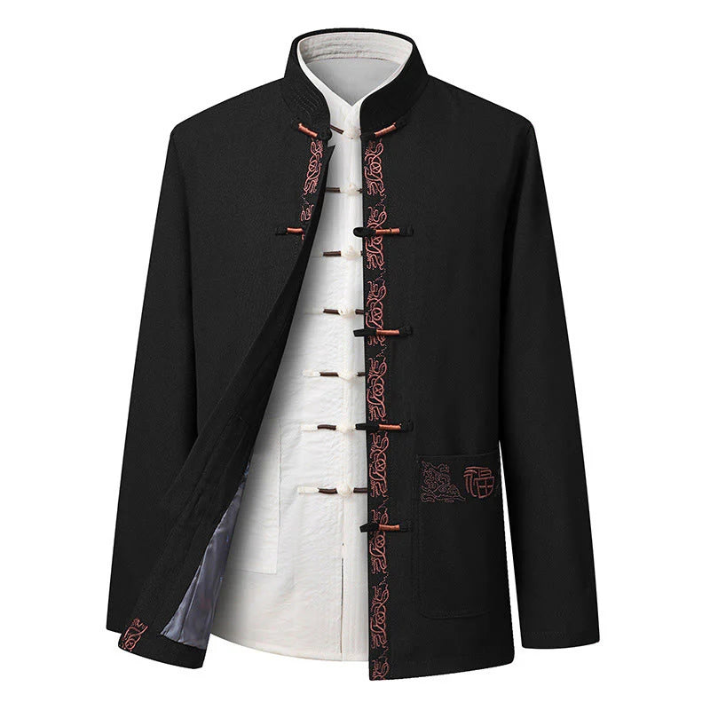 Buddha Stones Fu Character Embroidery Tang Suit Frog-Button Men's Long Sleeve Jacket Shirt Pants