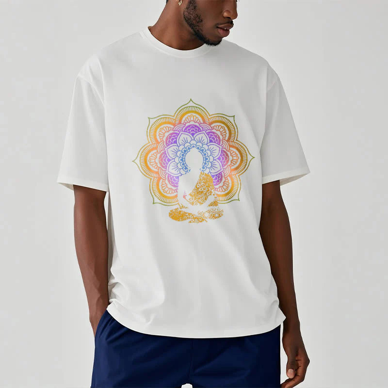 Buddha Stones Multicolor Mandala Flower Seated Buddha Pattern Tee T-shirt