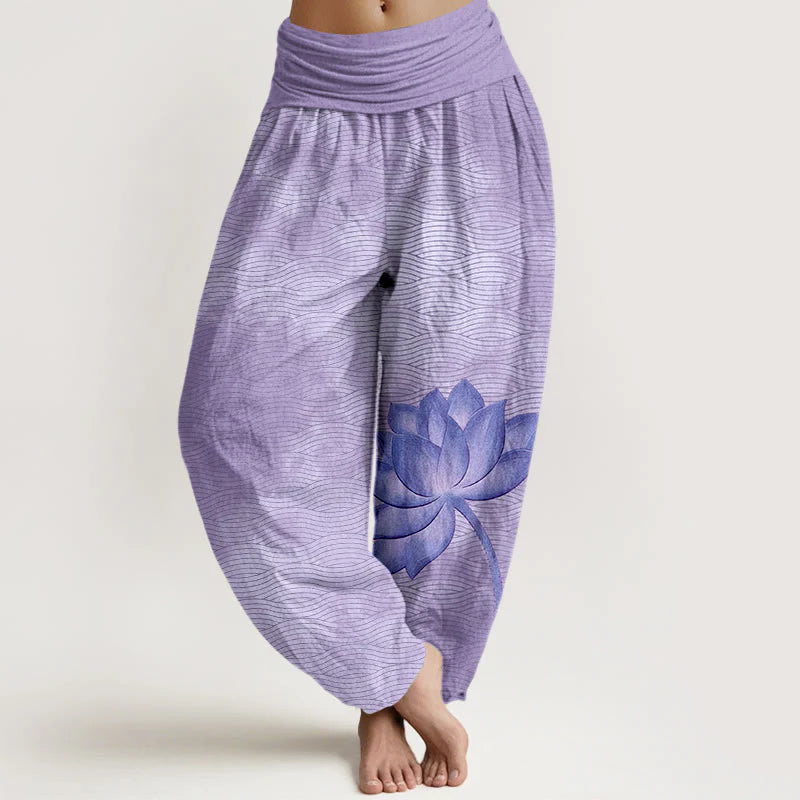 Buddha Stones Cotton Light Color Lotus Wavy Lines Pattern Women's Elastic Waist Harem Pants