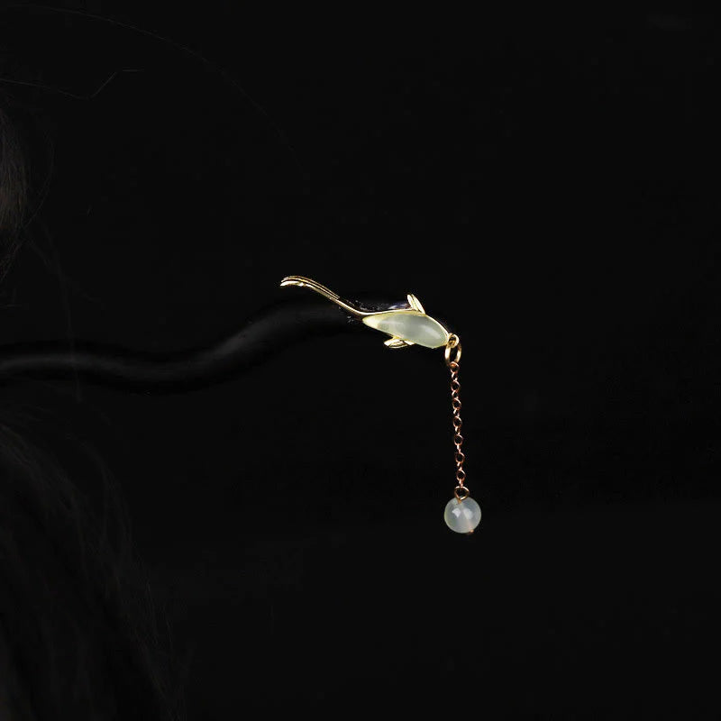 Buddha Stones Ebony Hetian Jade Fish Blessing Hairpin