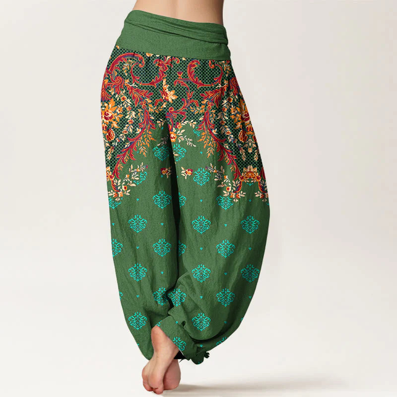 Buddha Stones Cotton Symmetrical Leaf  Scroll Pattern Women's Elastic Waist Harem Pants
