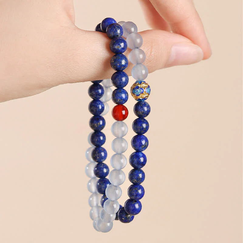 Buddha Stones Lapis Lazuli Aquamarine Red Agate Double Wrap Design Balance Bracelet