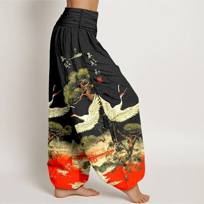 Buddha Stones Pure Cotton Vivid Crane Pine Tree Pattern Women's Elastic Waist Harem Pants