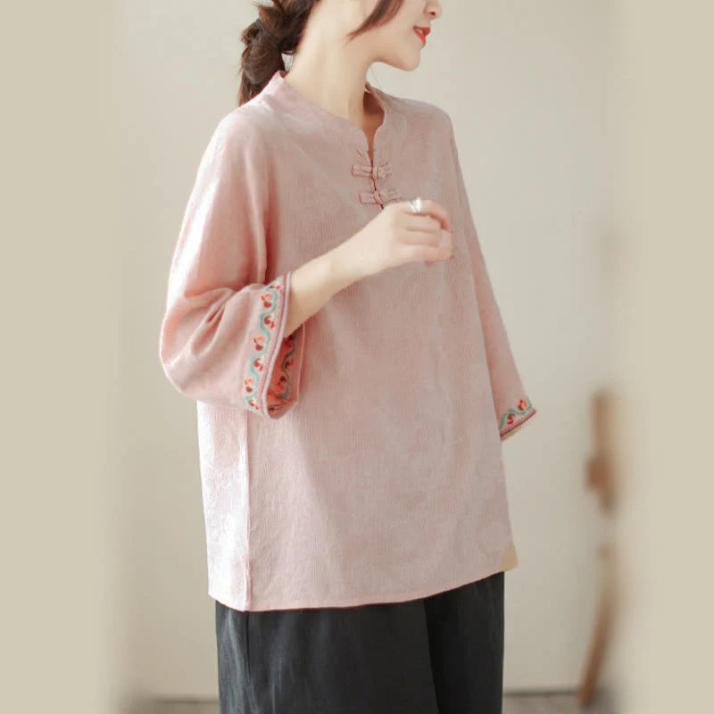 Buddha Stones Jacquard Frog-button Stand Collar Embroidered Three Quarter Sleeve Design Women's Cotton Shirt