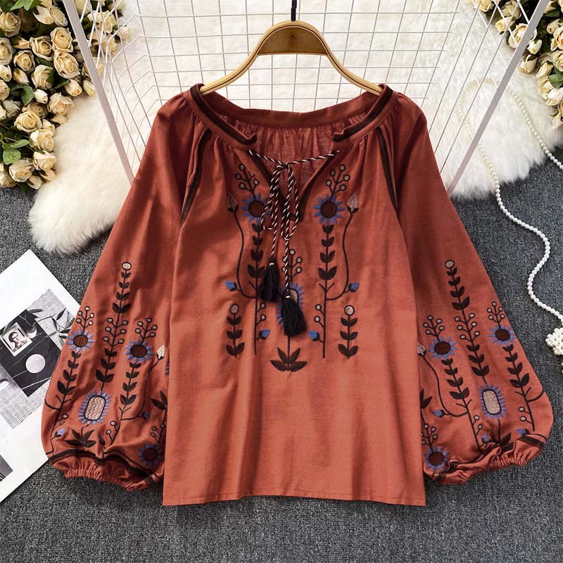 Buddha Stones Casual Embroidery Flower Leaf Pattern Women's Cotton Linen Round Neck T-shirt