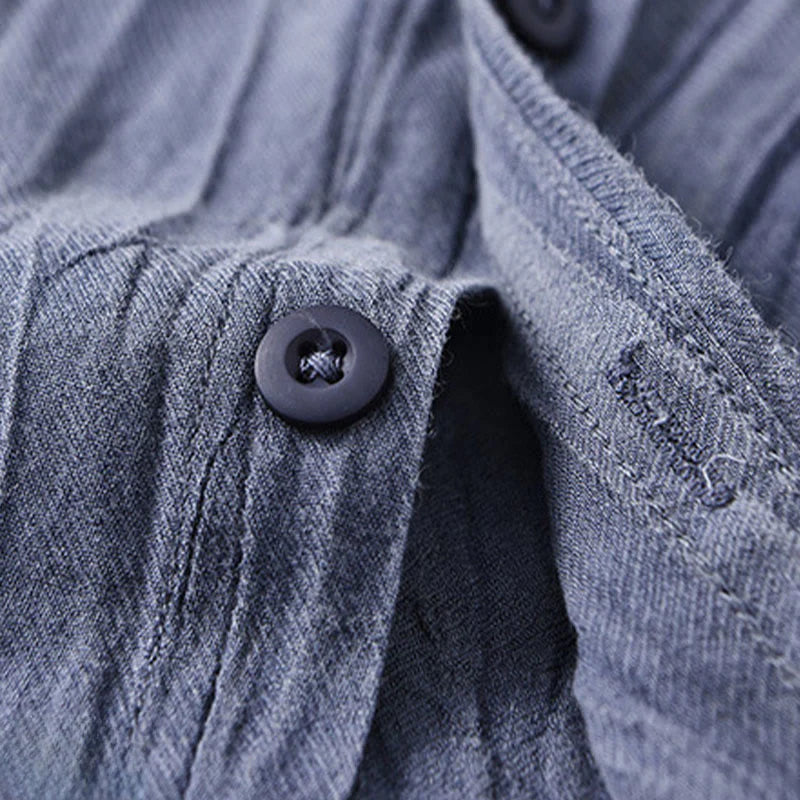 Buddha Stones Solid Long Sleeve Creases Design Buttons Down Ramie Linen Men's Shirts