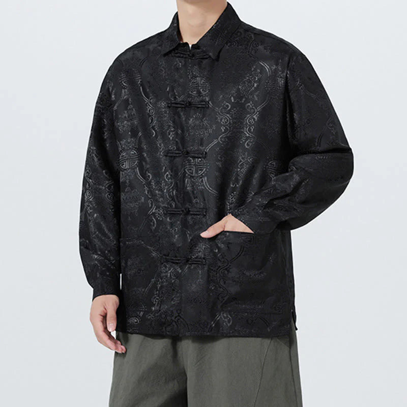 Buddha Stones Spring Jacquard Lapel Long Sleeve Men's Tang Suit Frog-Button Jacket With Pockets