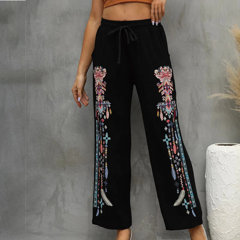 Buddha Stones Black Casual Ethnic Embroidery Cotton Linen Drawstring Women's Pants With Pockets