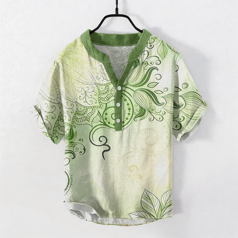 Buddha Stones Cotton Mandala Floral Emblem Men's Short Sleeve Half Button Shirt