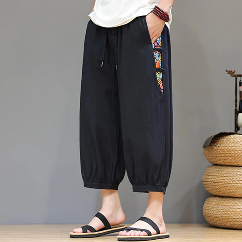 Buddha Stones Summer Tribal Side Stripe Drawstring Waist Men's Capri Tapered Pants With Pockets