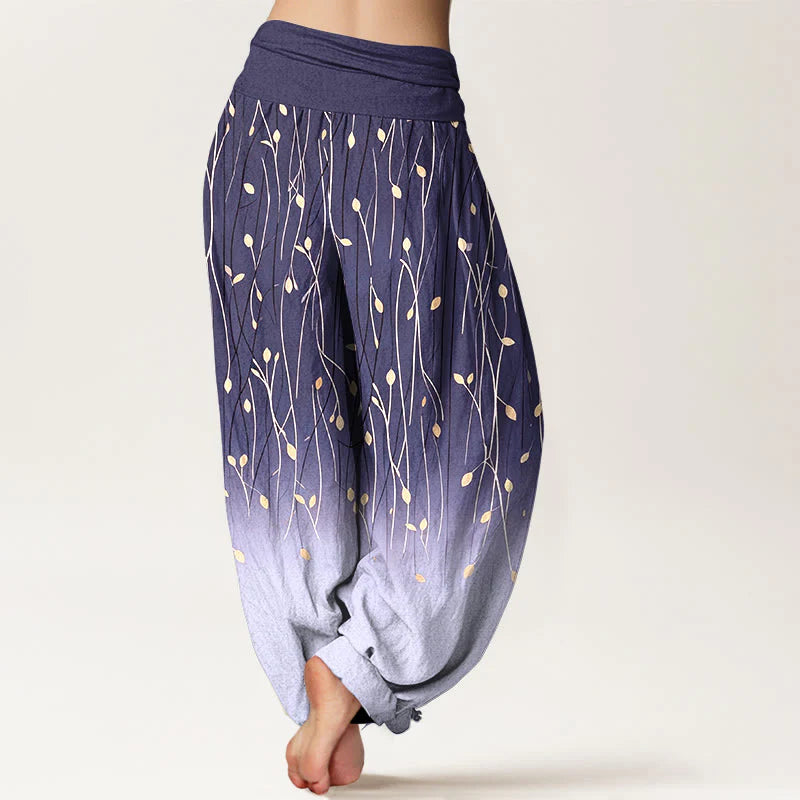 Buddha Stones Branches Leaves Pattern Gradient Women's Elastic Waist Pure Cotton Harem Pants