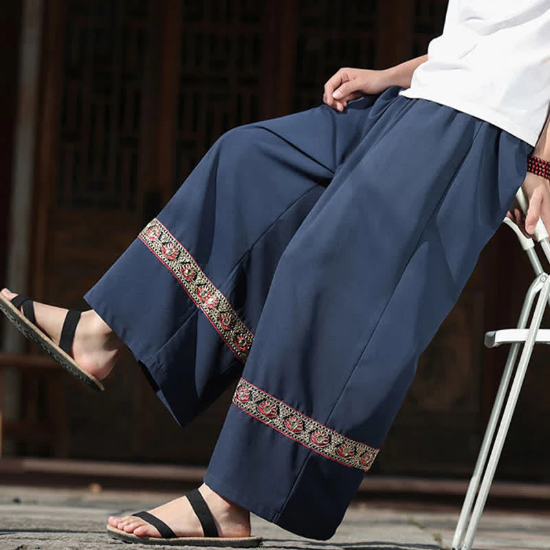Buddha Stones Summer Cotton Embroidered Hem Elastic Waist Men's Cropped Wide Leg Pants With Pockets