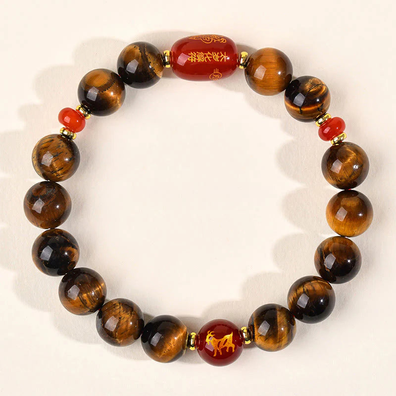 Buddha Stones 12 Chinese Zodiac Natural Tiger Eye Red Agate Protection Bracelet