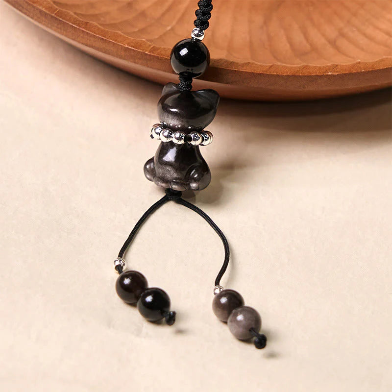 Buddha Stone Natural Silver Sheen Obsidian Noble Kitten Cat Soothing Phone Hanging Decoration