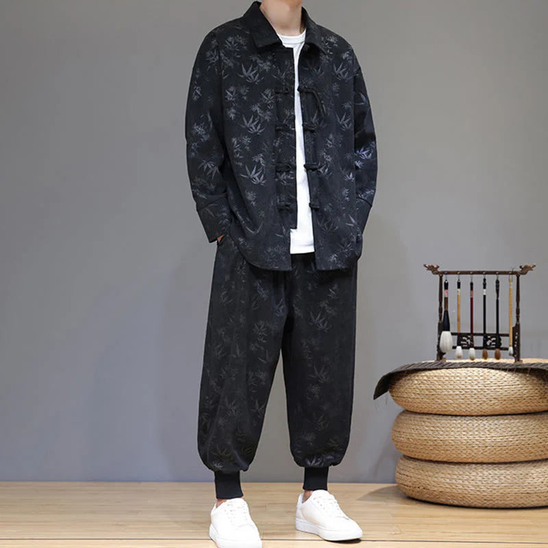 Buddha Stones 2Pcs Winter Thick Bamboo Men's Tang Suit Frog-Button Cotton Corduroy Long Sleeve Jacket Pants Set With Pockets