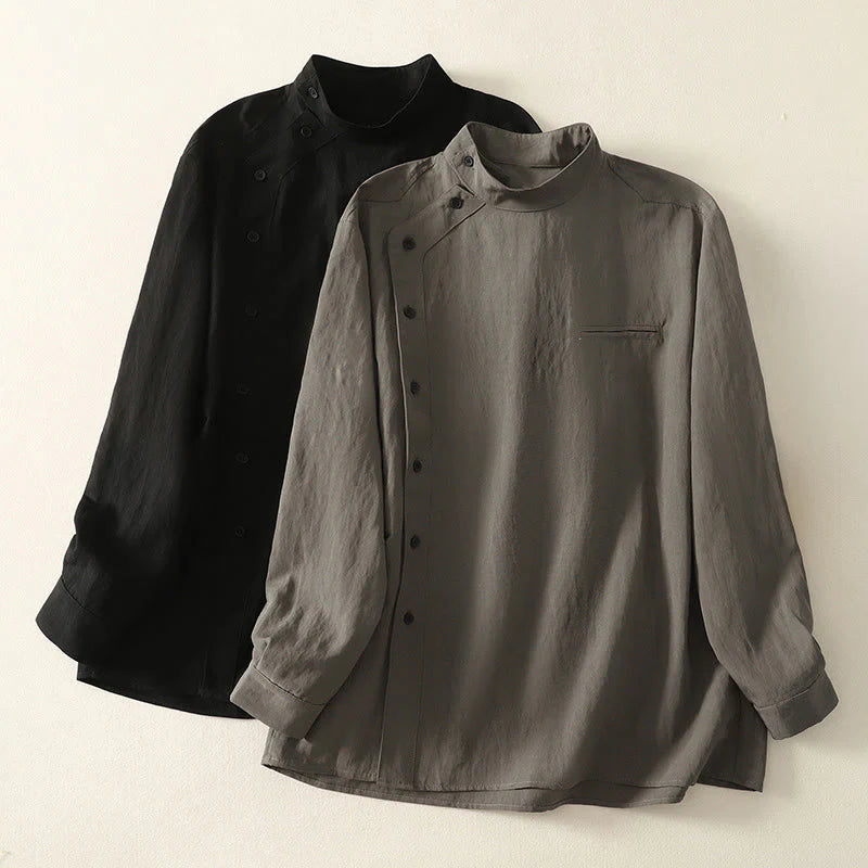 Buddha Stones Fall Stand Collar Chinese Frog-Button Simple Design Long Sleeve Women's Cotton Shirt