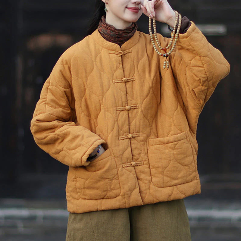 Buddha Stones Winter Curved Lines Frog-Button Ramie Cotton Long Sleeve Women's Thermal Jacket With Pockets