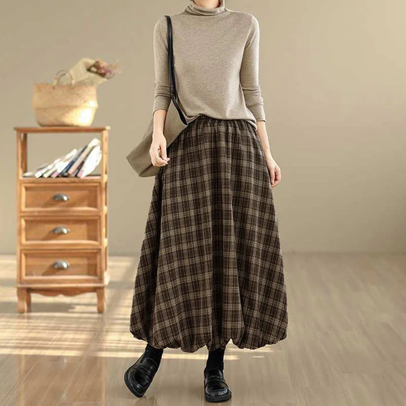 Buddha Stones Women's Plaid Pattern Cotton Skirt With Pockets