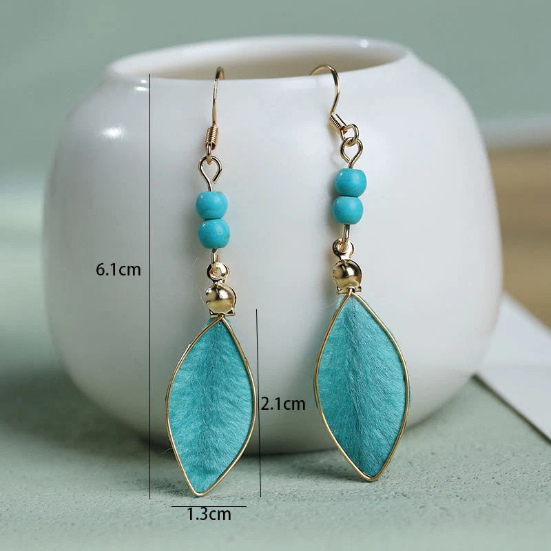 Buddha Stones Boho Handcrafted Silk Art Bead Leave Shape Good Fortune Hook Dangle Earrings
