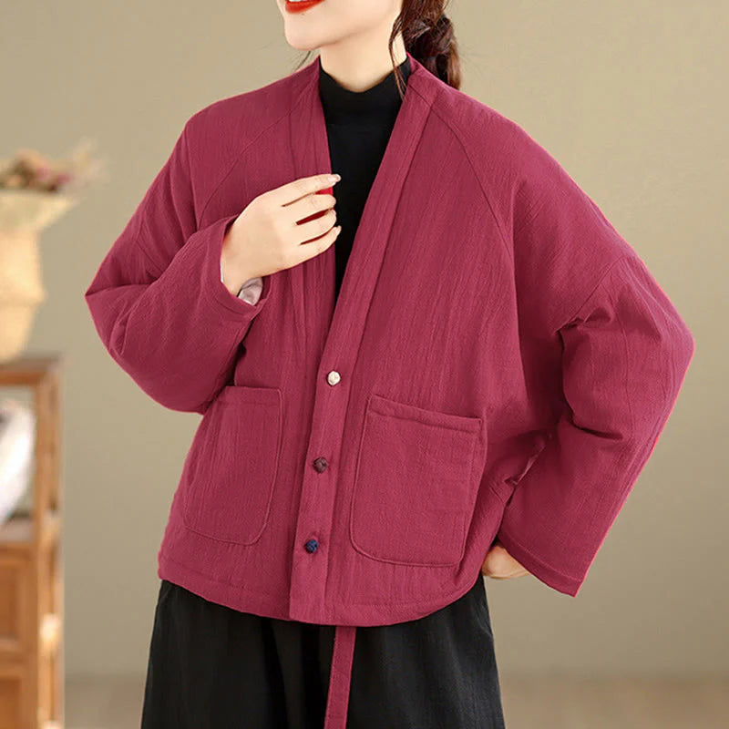 Buddha Stones Winter Long Sleeve Cotton Women's Thermal Jacket With Pockets