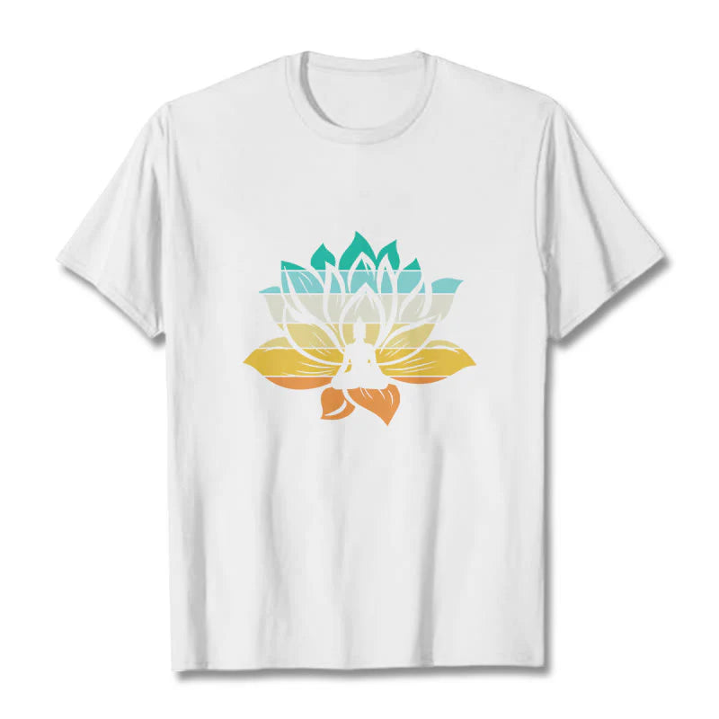 Buddha Stones Gradient-colored Lotus Flower Buddha Meditation Cotton Tee T-shirt