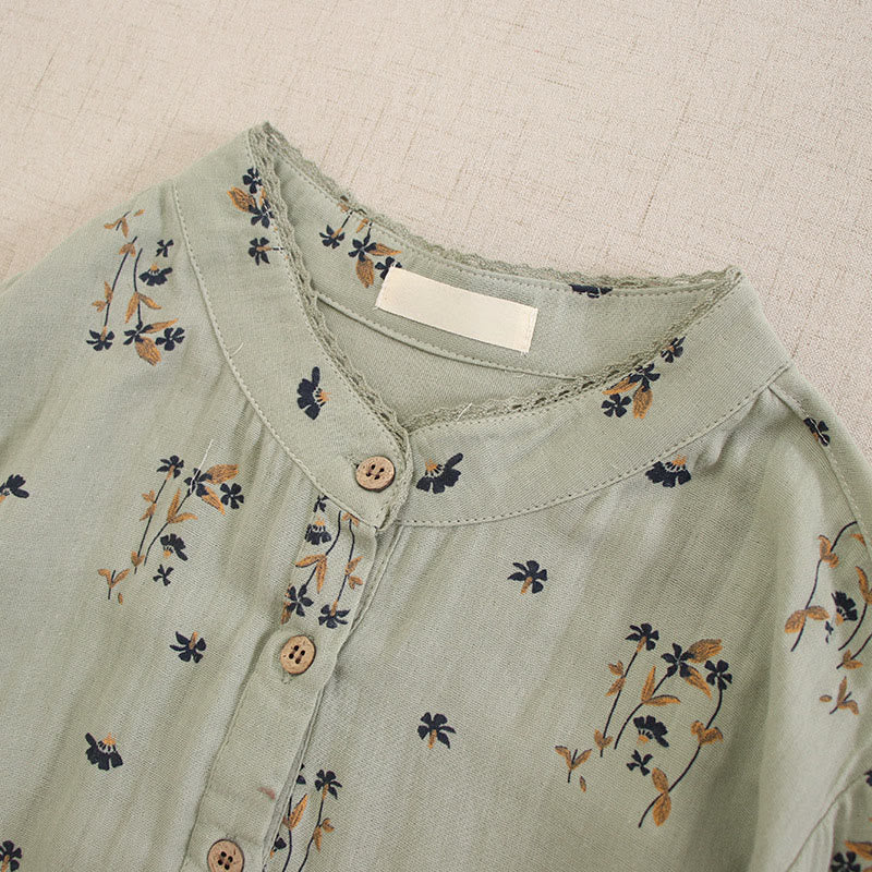 Buddha Stones Spring Small Floral Print Buttons Design Crew Neck Long Sleeve Midi Dress With Pockets