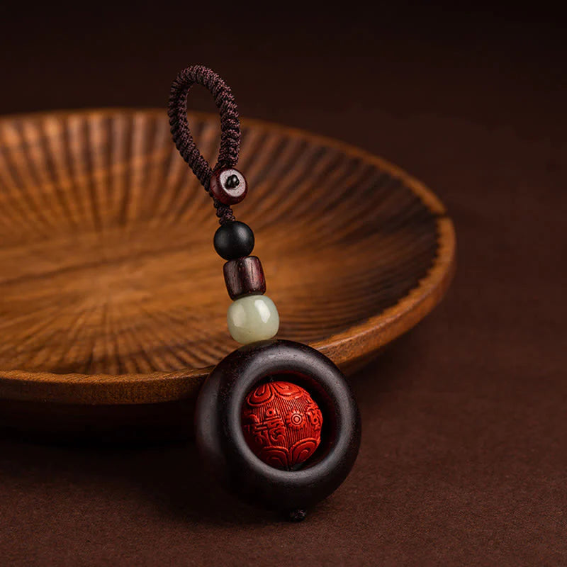 Buddha Stones Tibet Om Mani Padme Hum PiXiu Copper Coin Small Leaf Red Sandalwood Cinnabar Protection Key Chain