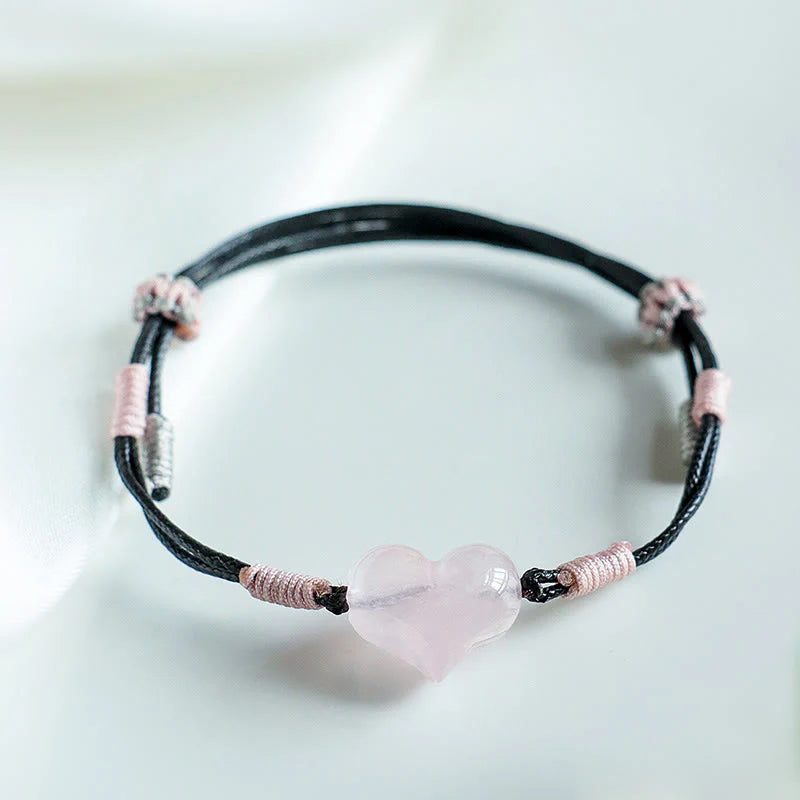 Buddha Stones Natural Heart Charm Pink Crystal Braided String Warmth Bracelet