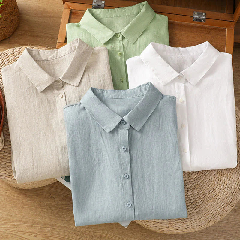 Buddha Stones Summer Plain Color Button Short Sleeve Women's Cotton Shirt