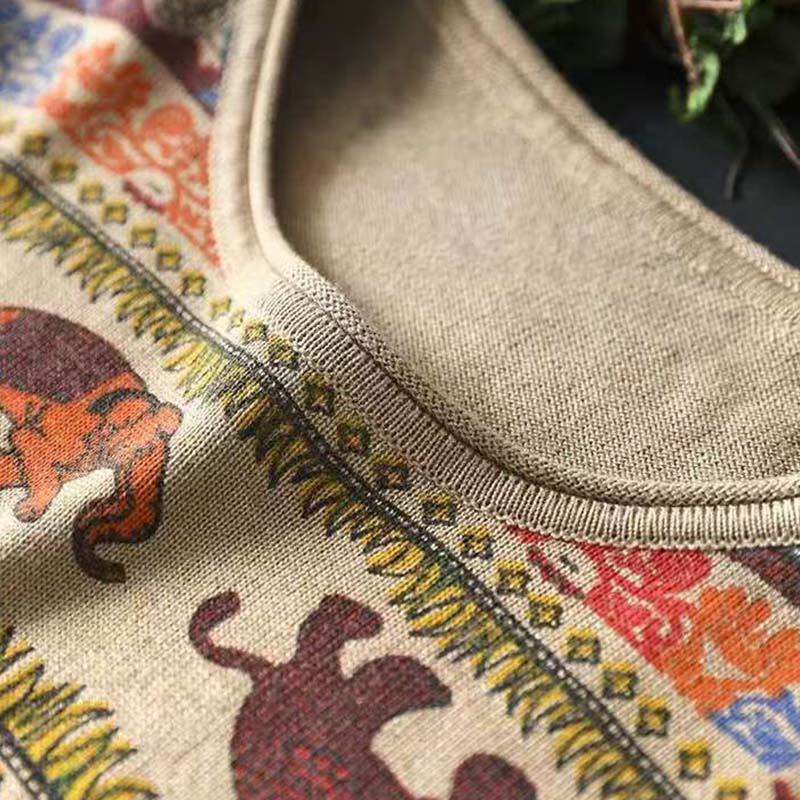 Buddha Stones Fall Elephant Pattern Knitted Cotton Women's Long Sleeve Sweater With Pockets