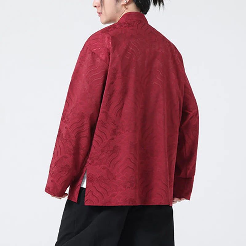Buddha Stones Frog-Button Mountain Wave Pattern Long Sleeve Men's Cotton Jacket With Pockets
