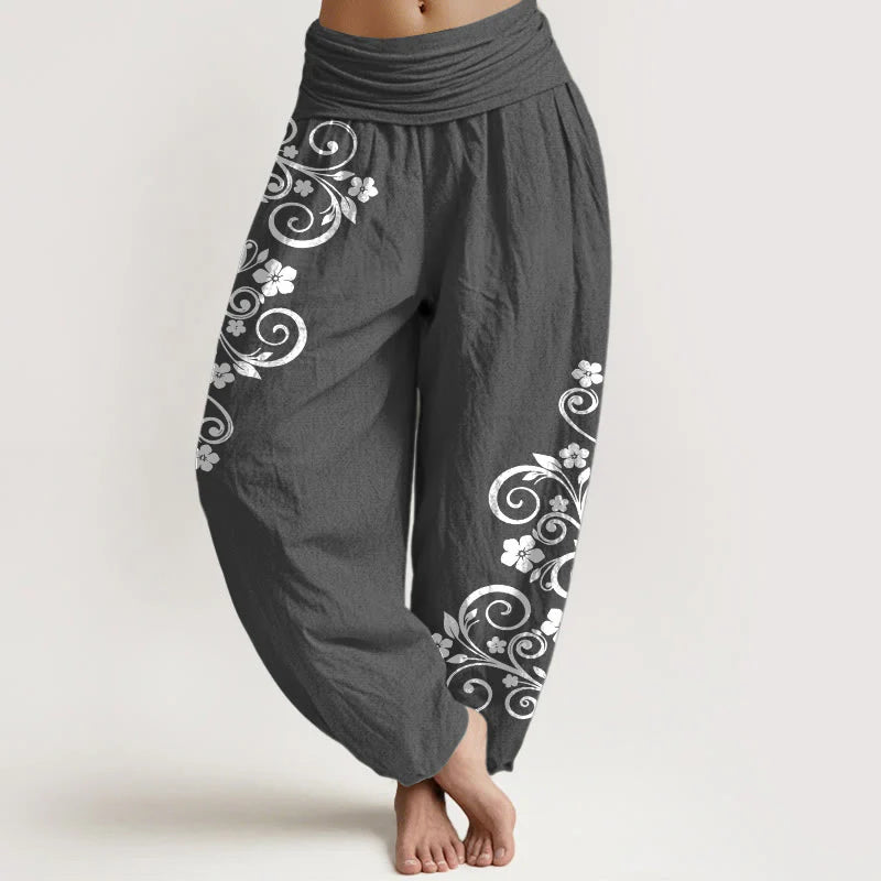 Buddha Stones Pure Cotton Elegant Vine Flower Pattern Women's Elastic Waist Harem Pants