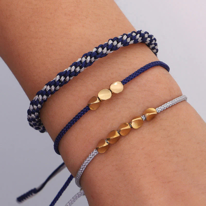 Buddha Stones 3Pcs Blue Gray String Golden Copper Beads Self Care Bracelet