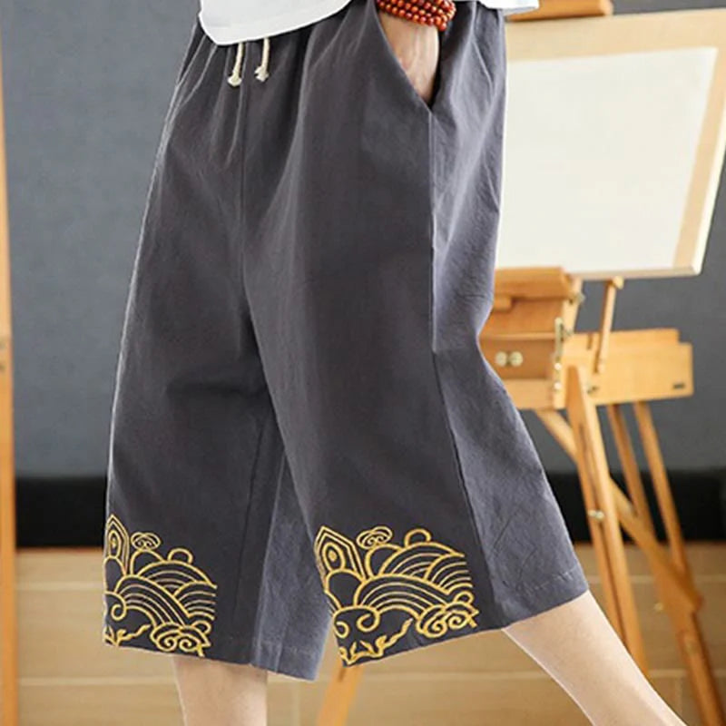 Buddha Stones Spring Casual Embroidery Drawstring Men's 7-8 Length Cotton Linen Harem Pants With Pockets