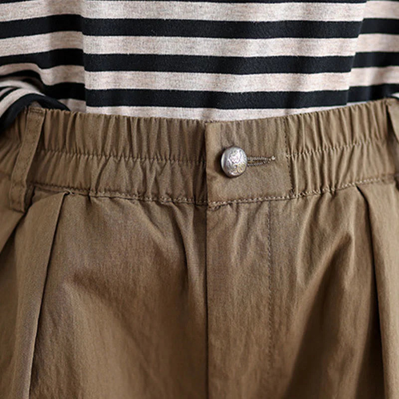 Buddha Stones Casual Solid Color One Top Button Elastic Waistband Women's Pants With Pockets