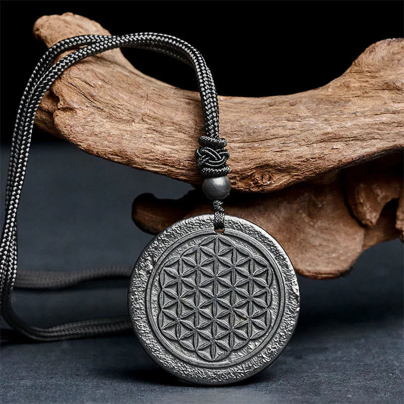 Buddha Stones Flower of Life Carving Design Authentic Shungite Stone Protection Necklace Pendant