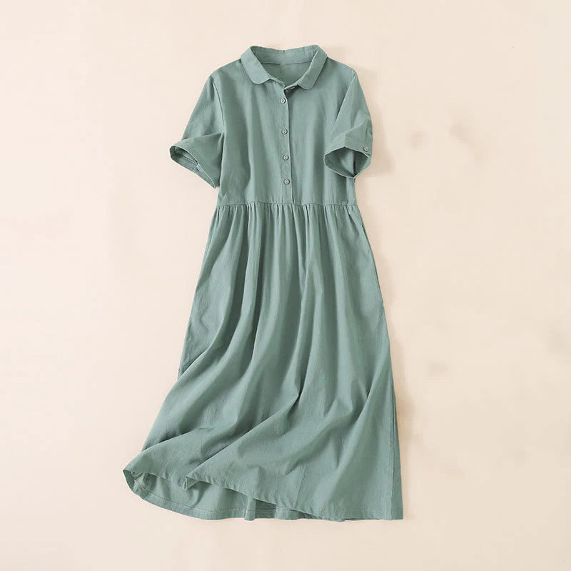 Buddha Stones Summer Buttons Design Short Sleeve Cotton Linen Midi Dress With Pockets