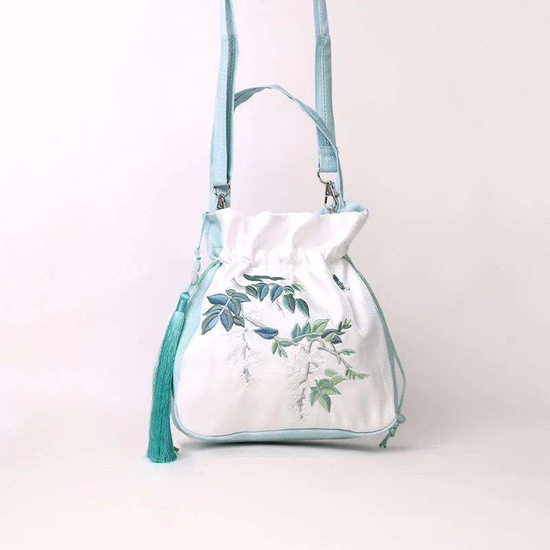 Buddha Stones Embroidered Flowers Wisteria Lily Cotton Linen Tote Crossbody Bag Shoulder Bag Handbag