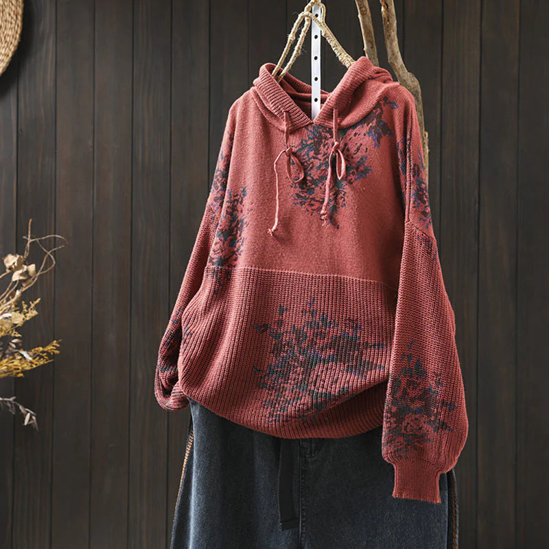 Buddha Stones Women's Knitted Floral Cotton Long Sleeve Hooded Sweater