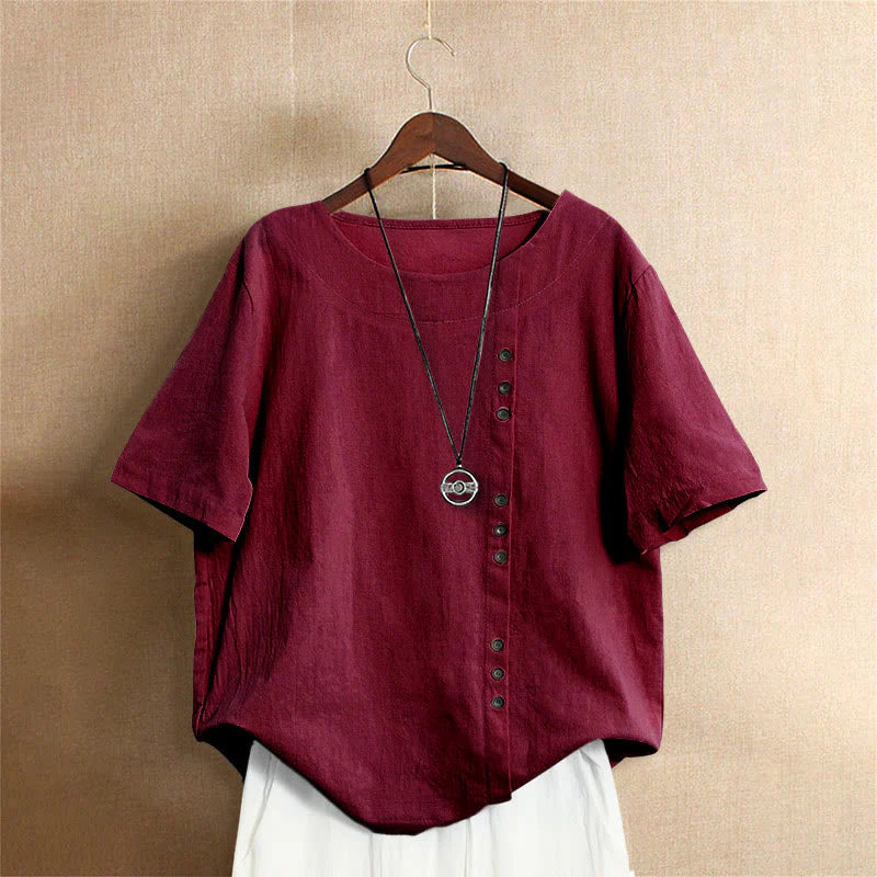 Buddha Stones Casual Summer Pure Color Jacquard Button Crew Neck Cotton Women's Short Sleeve T-Shirt