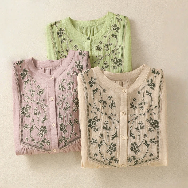 Buddha Stones Embroidery Single Breasted Women's Cotton Linen Three Quarter Sleeve Shirt