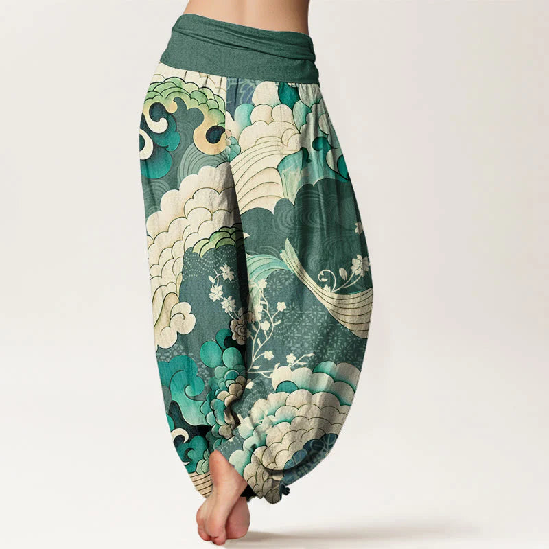 Buddha Stones Cotton Flower Wave Pattern Women's Elastic Waist Harem Pants