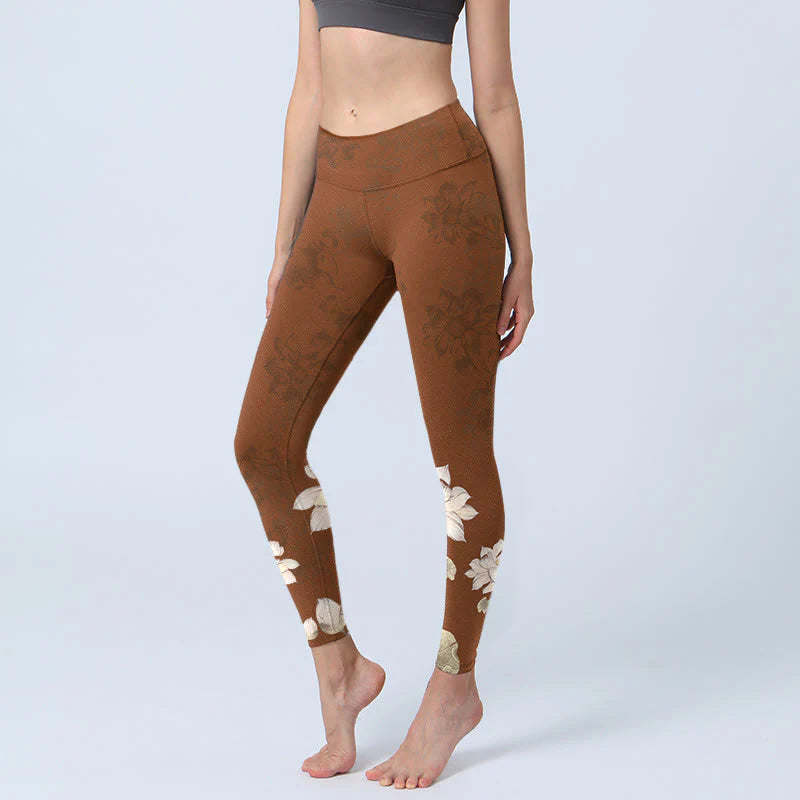 Buddha Stones Brown White Lotus Flower Print Gym Leggings Women's Yoga Pants
