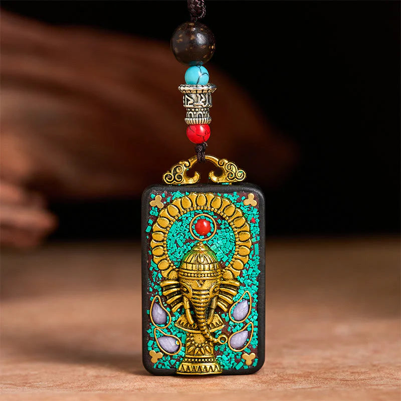 Buddha Stones Tibetan Ganesh Ganpati Elephant Ebony Wood Rope Peace Necklace Pendant