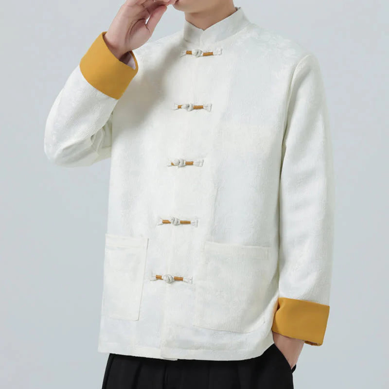 Buddha Stones Jacquard Frog-Button Long Sleeve Men's Cotton Jacket Tang Suit With Pockets